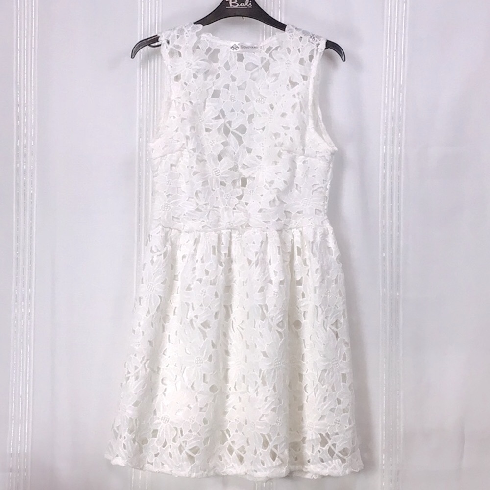 🤍 SONGYANG White All Over Lace Deep-V Sheer Back Side Zip Mini Dress Sz.M